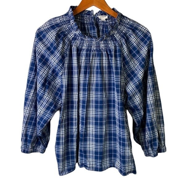J Crew Plaid Smocked Ruffleneck Top Ansley Blue Wash Ballon 3/4 Sleeve High Neck - Picture 2 of 16